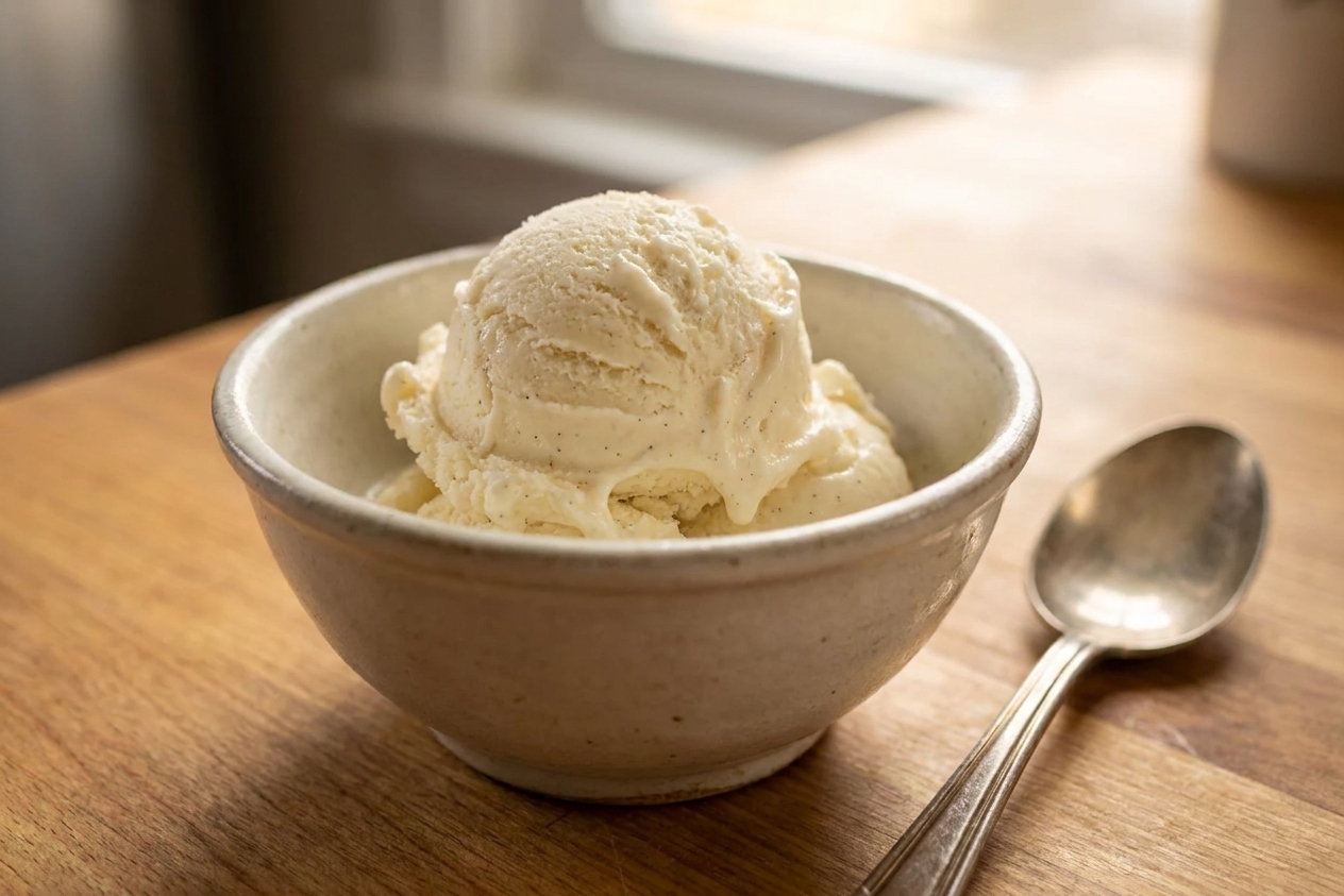 A close-up scoop of homemade vanilla ice cream in a ceramic bowl on a wooden kitchen table with a spoon beside it, warm natural light