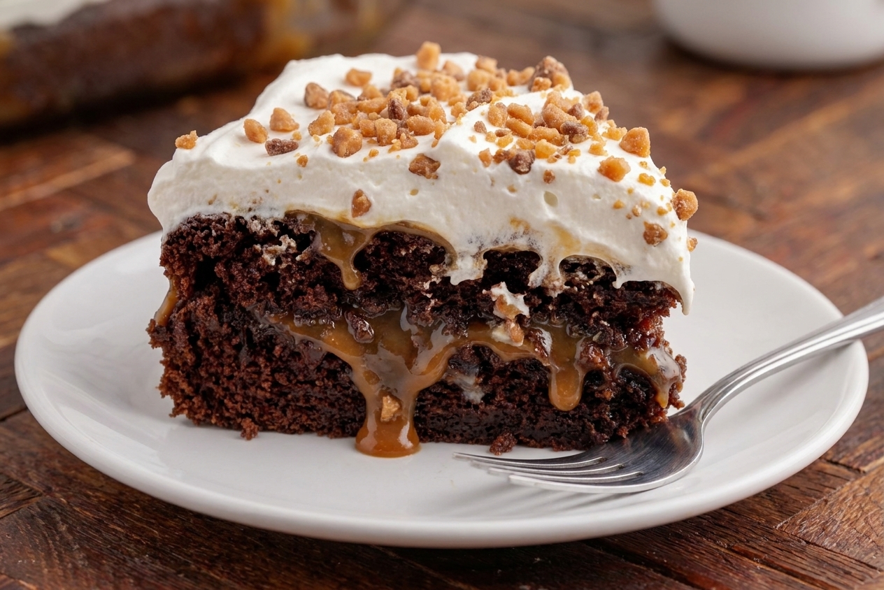 A close-up slice of Better Than Sex Cake on a dessert plate showing moist chocolate cake soaked with caramel and condensed milk, topped with whipped cream and toffee bits