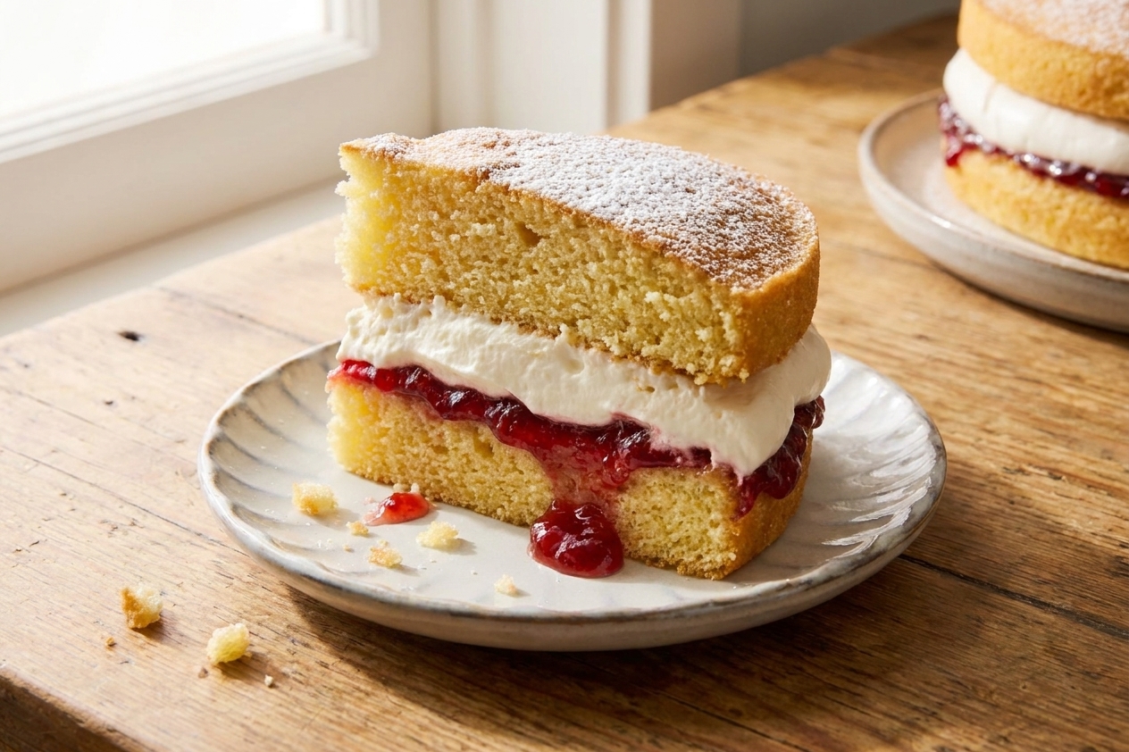 A close-up slice of Victoria sponge showing two airy sponge layers with strawberry jam and whipped cream filling on a small dessert plate, with a few crumbs scattered on the plate