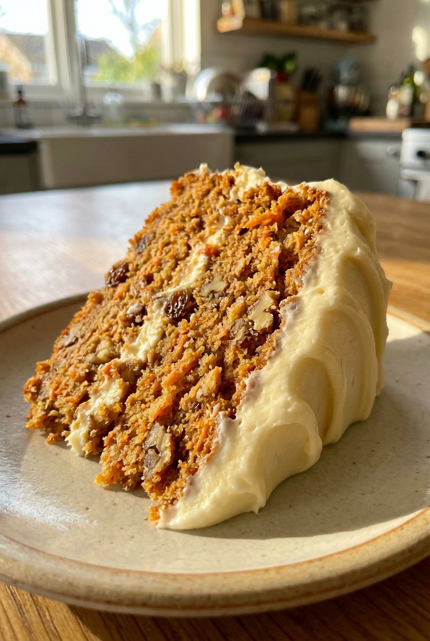 A close-up slice of carrot cake showing moist crumb with shredded carrots and a thick layer of cream cheese frosting