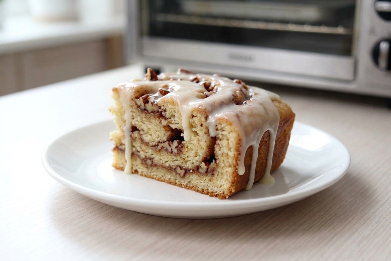 A close-up slice of honey bun cake on a small plate, showing a cinnamon swirl and brown sugar pecan ribbon with glossy vanilla glaze dripping down the sides, on a bright kitchen table