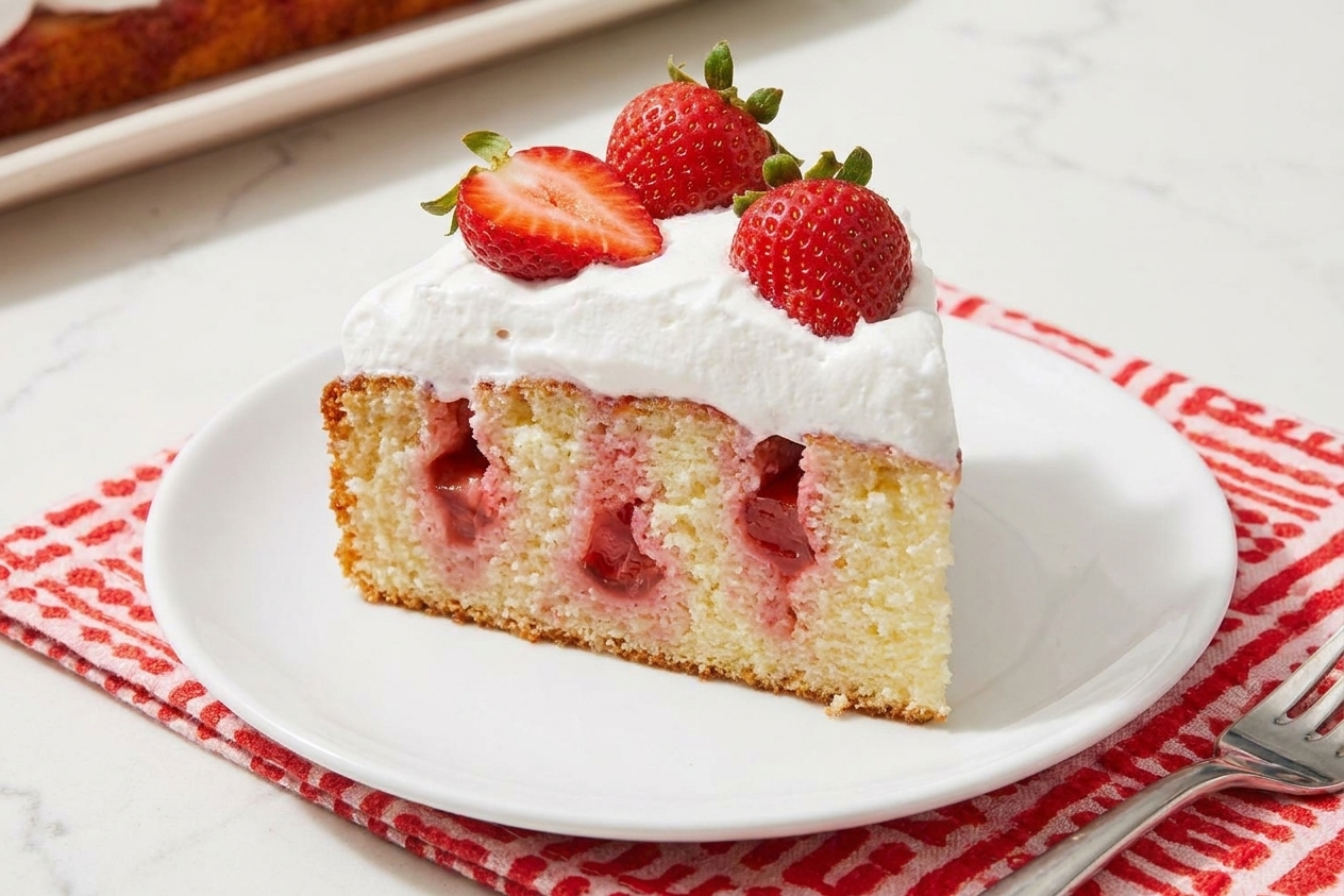 A close-up slice of strawberry poke cake showing moist vanilla crumb with pink strawberry gelatin soaked into holes, topped with whipped topping and sliced strawberries