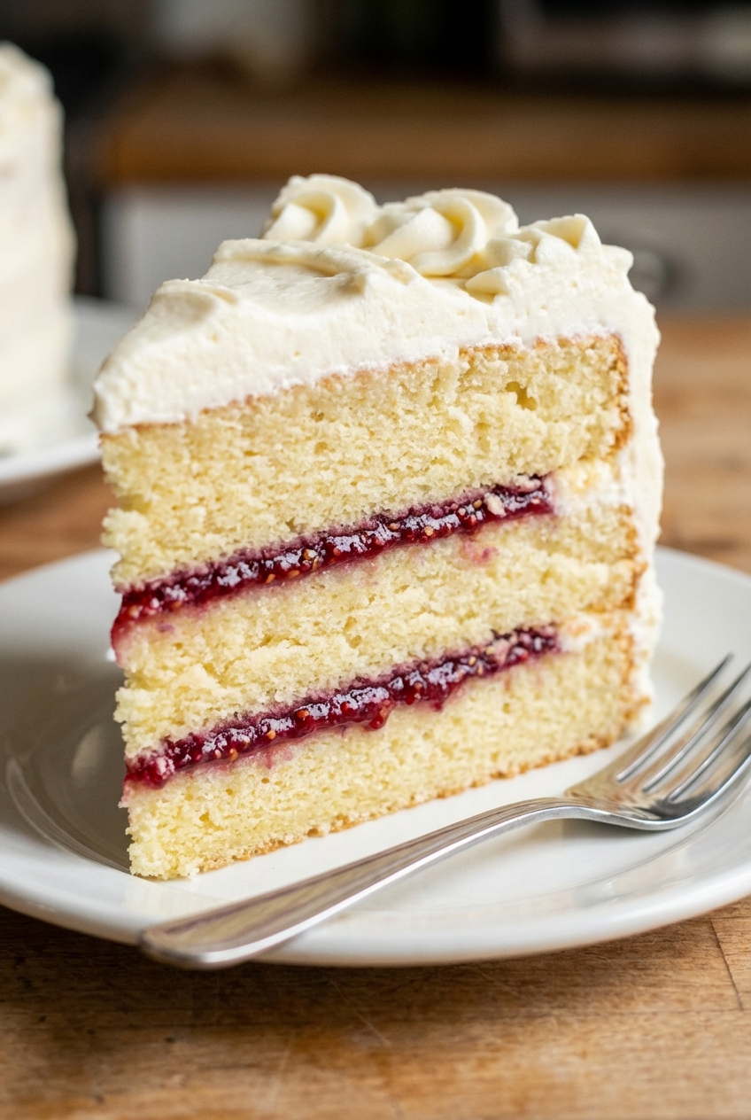 A close-up slice of vanilla layer cake showing a thin berry filling and fluffy white frosting on a plate