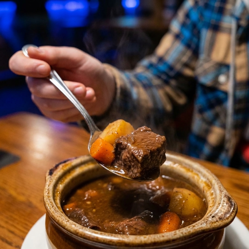 A close-up spoon lifting a chunk of tender beef from a bowl of dark Guinness stew with carrots and potatoes, steam visible, shallow depth of field, photorealistic food photography