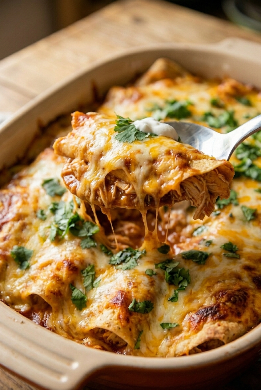 A close-up spoon lifting a portion of chicken enchiladas showing melted cheese and red sauce