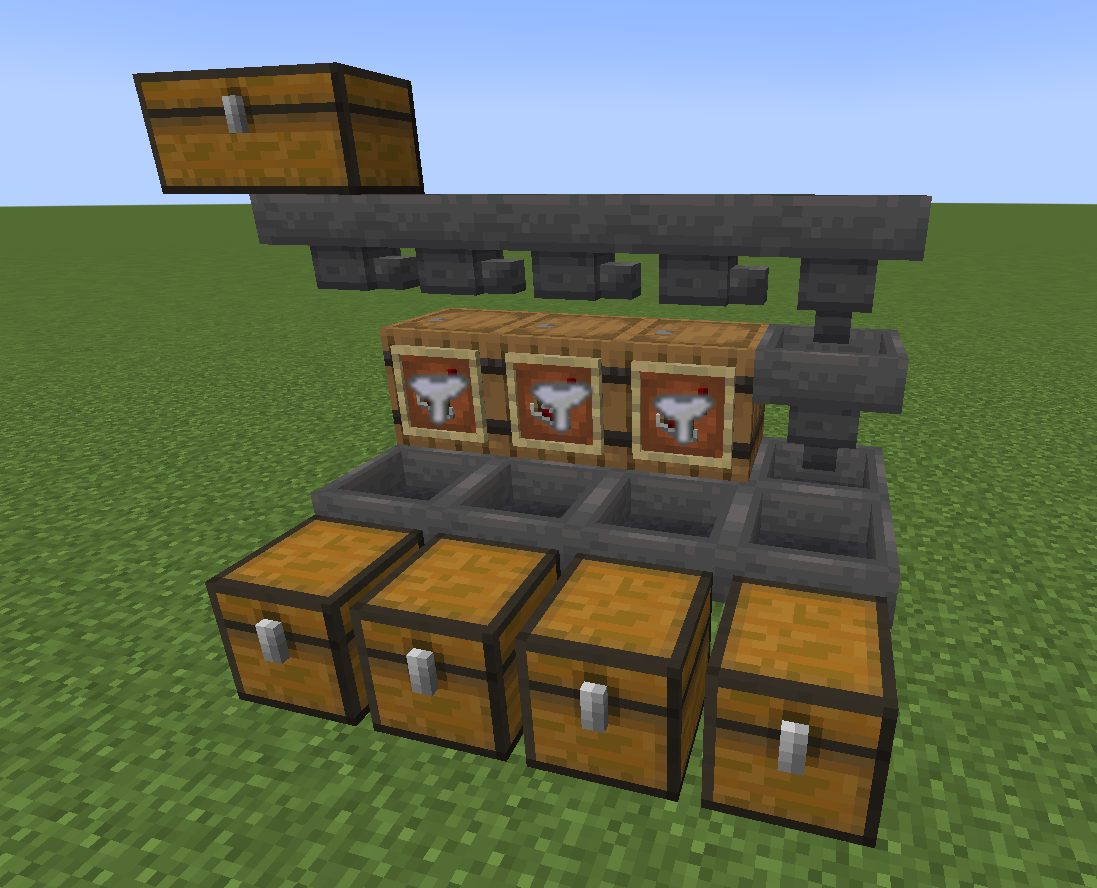 A close-up tabletop photo of a Minecraft-inspired redstone build model showing a hopper, a comparator behind it, and redstone dust line on a wooden counter under warm light