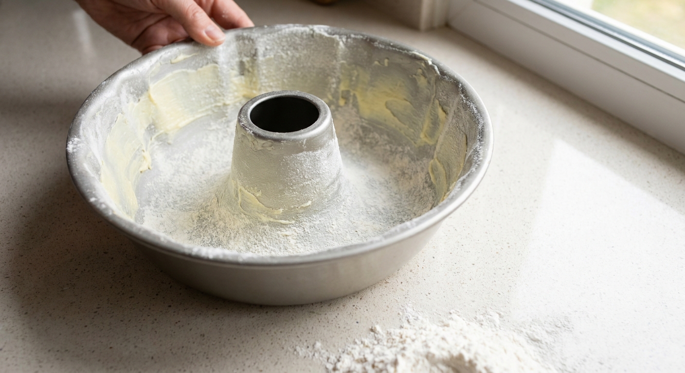 A close view of a Bundt pan thoroughly buttered and dusted with flour on a light kitchen counter, with excess flour tapped out