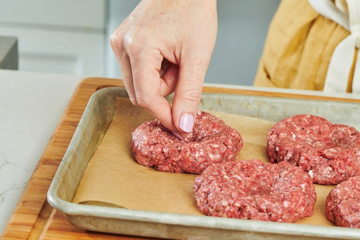 A close view of a thumb pressing a small dimple into the center of a raw burger patty on a cutting board
