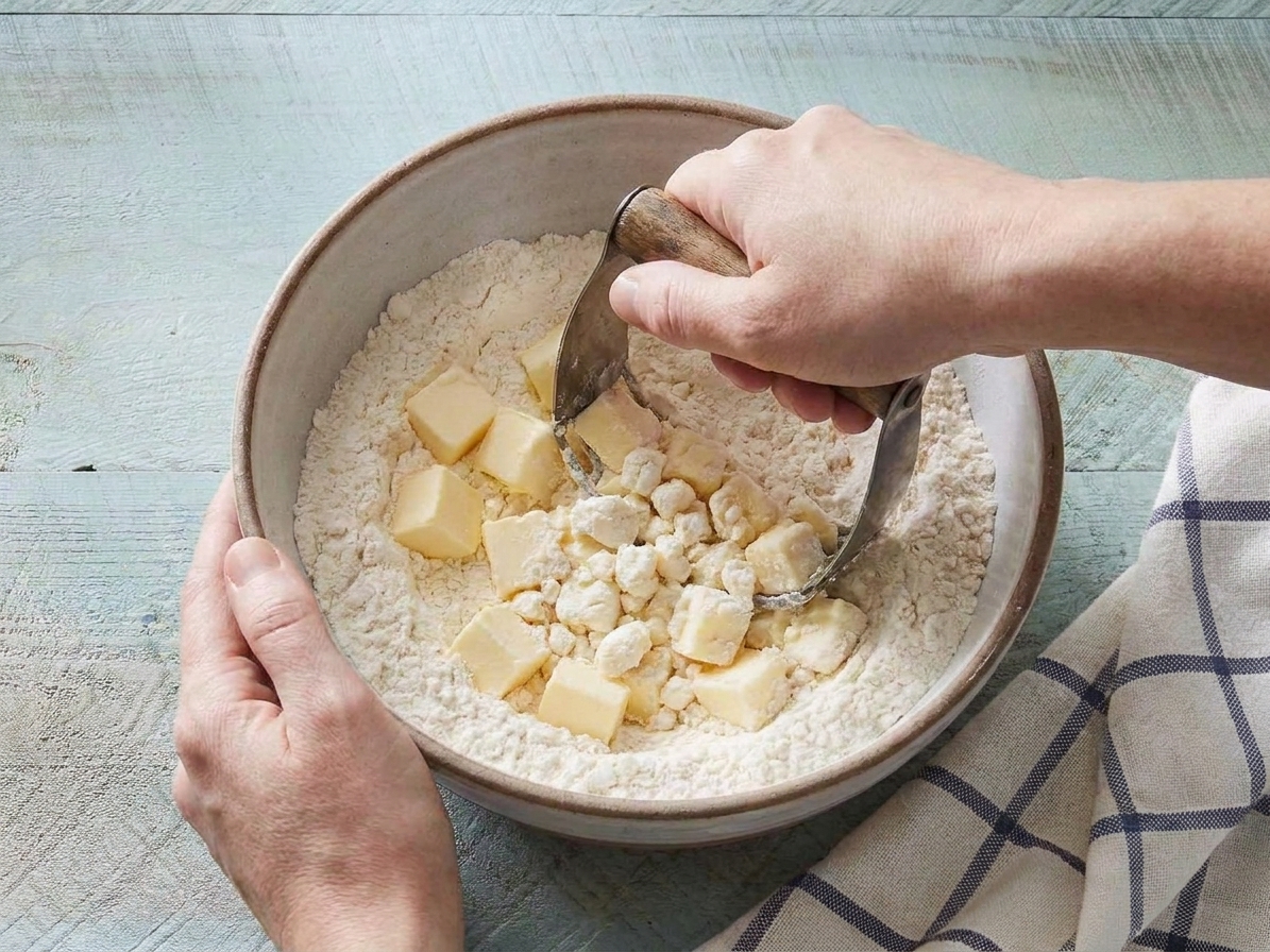 A close view of butter pieces partially cut into flour in a metal mixing bowl with a pastry cutter