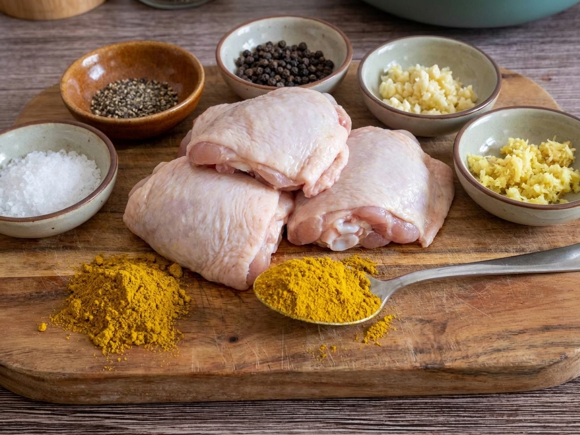A close view of chicken thighs on a cutting board next to a spoonful of Jamaican curry powder and small bowls of salt, pepper, garlic, and ginger
