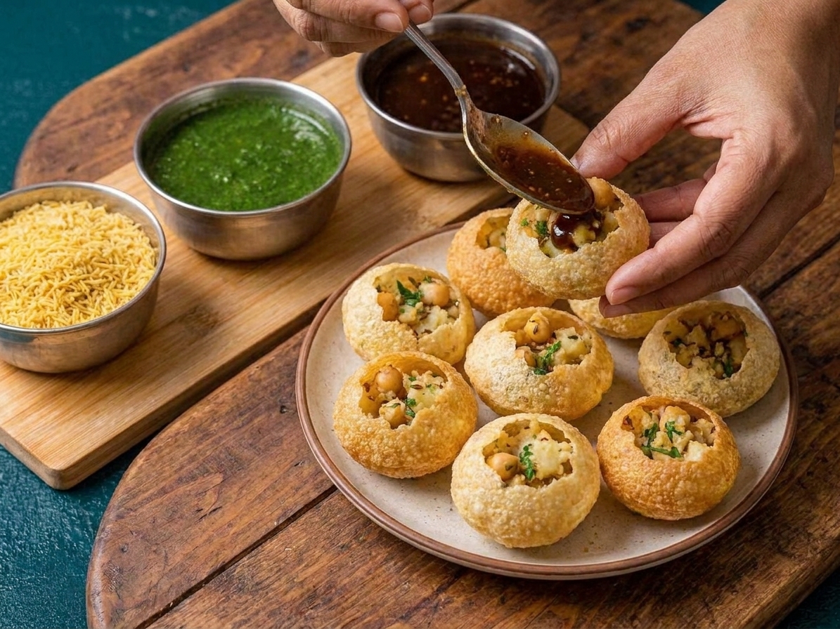 A close view of crispy pani puri shells filled with potato mixture, served with small bowls of green mint pani and dark tamarind chutney on a warm kitchen table