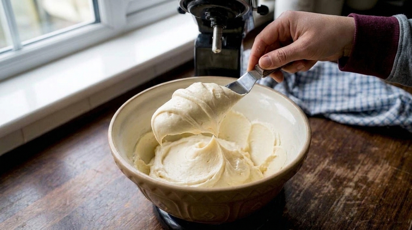 A close view of glossy, fluffy vanilla buttercream clinging to a spatula with soft peaks