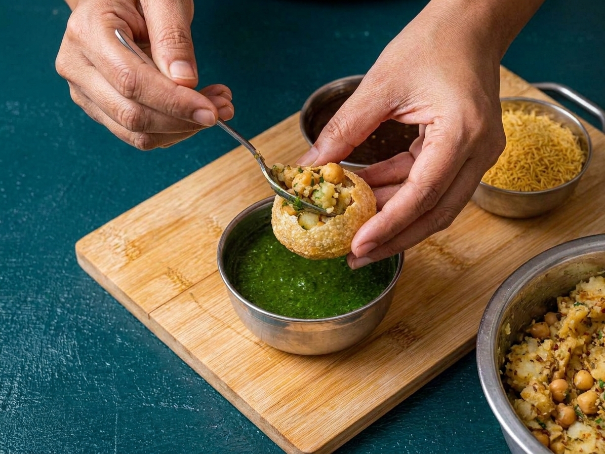 A close view of hands filling a pani puri with potato mixture above a bowl of green pani on a kitchen counter