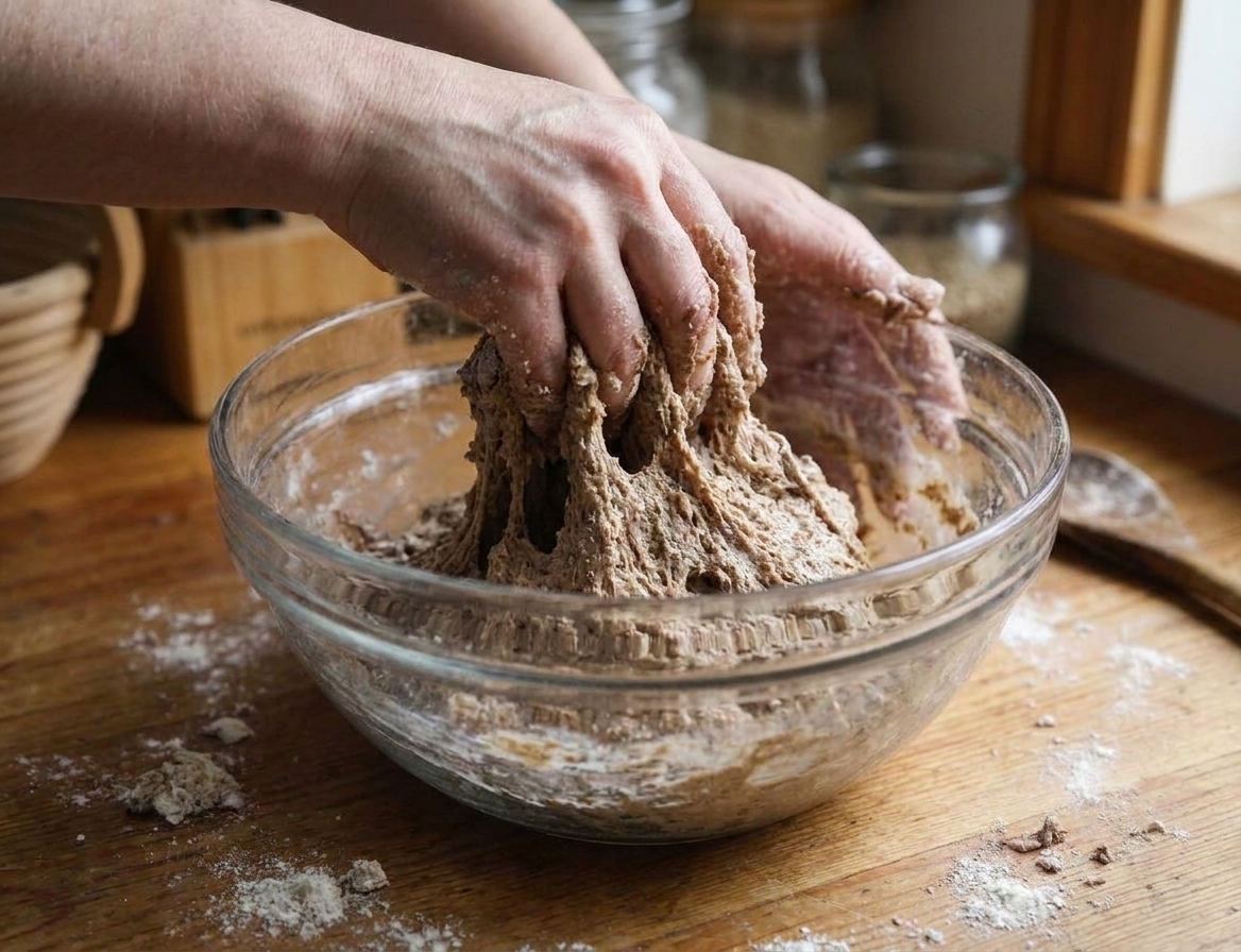 A close view of hands performing a coil fold on rye sourdough dough inside a mixing bowl
