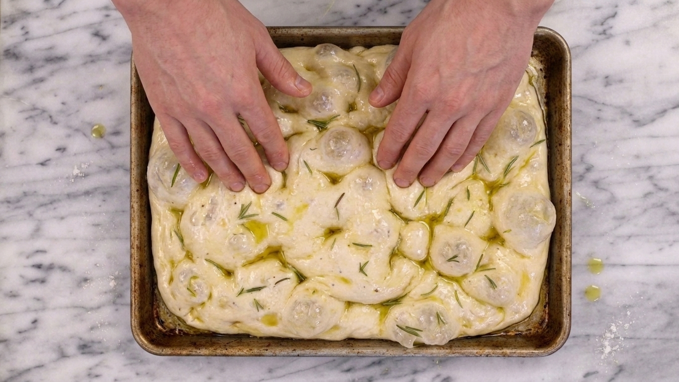 A close view of hands pressing deep dimples into glossy focaccia dough in an olive oil coated metal pan