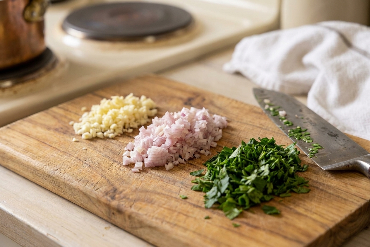 A close view of minced garlic, minced shallot, and chopped parsley in small piles on a cutting board on a kitchen counter