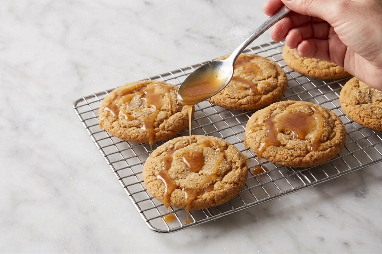 A close view of spiced sugar cookies on a rack with maple glaze being drizzled from a spoon
