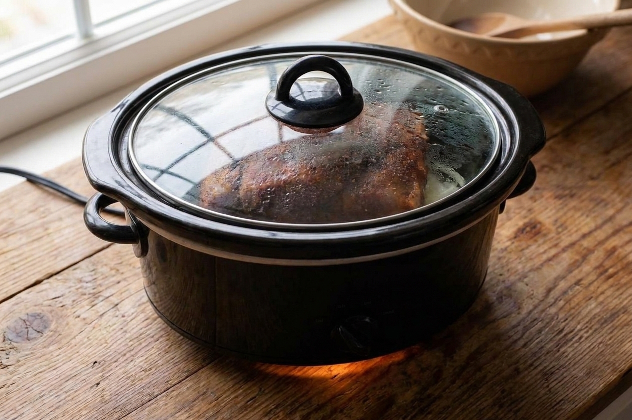 A closed slow cooker on a kitchen counter during cooking