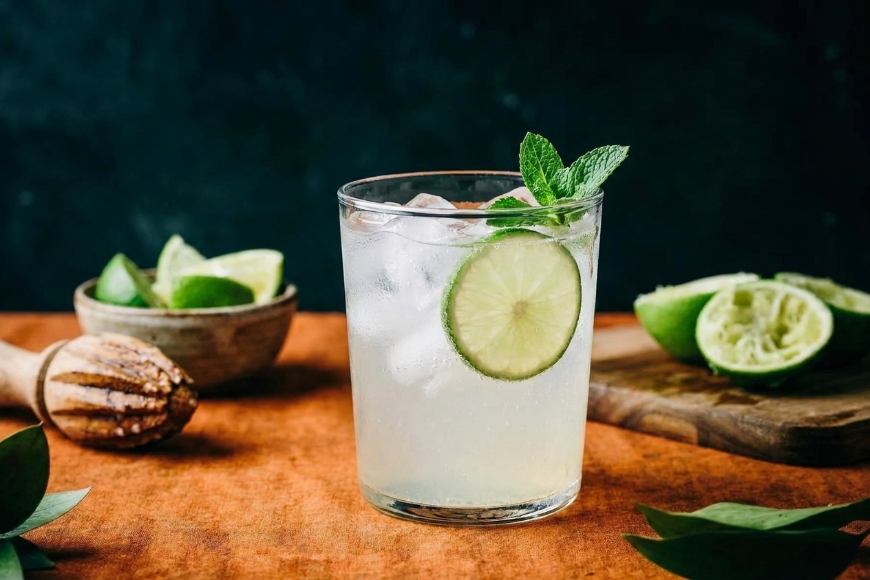 A closeup of a glass of limeade garnished with a mint sprig and lime wheel on a bright kitchen counter