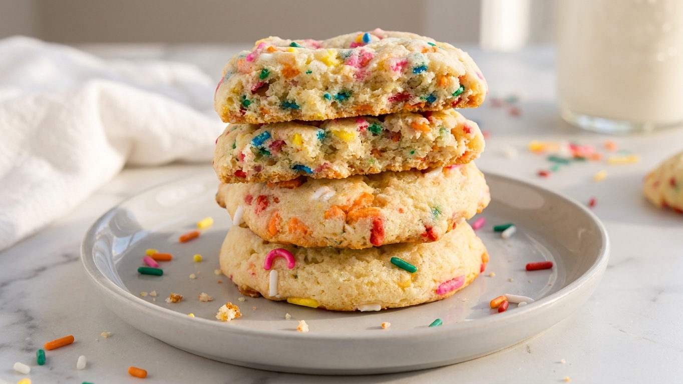 A closeup of a plate stacked with soft cake mix cookies showing chewy centers and crisp edges in warm natural light
