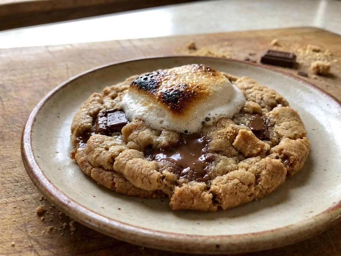 A closeup of a plated s'mores cookie with toasted marshmallow on top and melted chocolate pockets, showing crisp edges and a gooey center