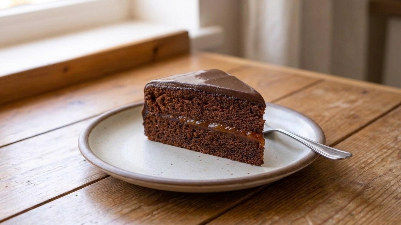 A closeup of a single slice of Sacher-style chocolate cake on a dessert plate, showing the thin apricot jam layer and a smooth chocolate glaze, on a wooden table