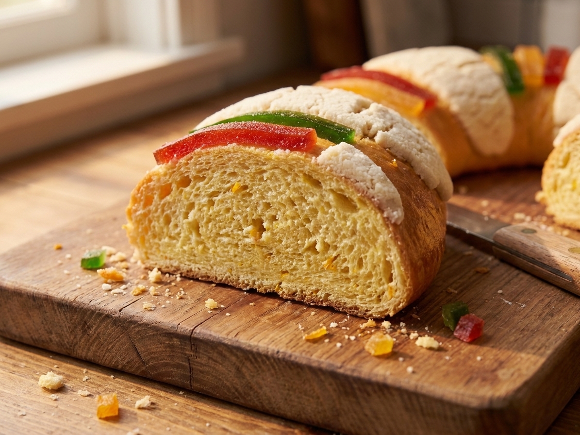 A closeup of a sliced Rosca de Reyes showing a soft, yellow crumb with bits of orange zest, on a cutting board with crumbs scattered