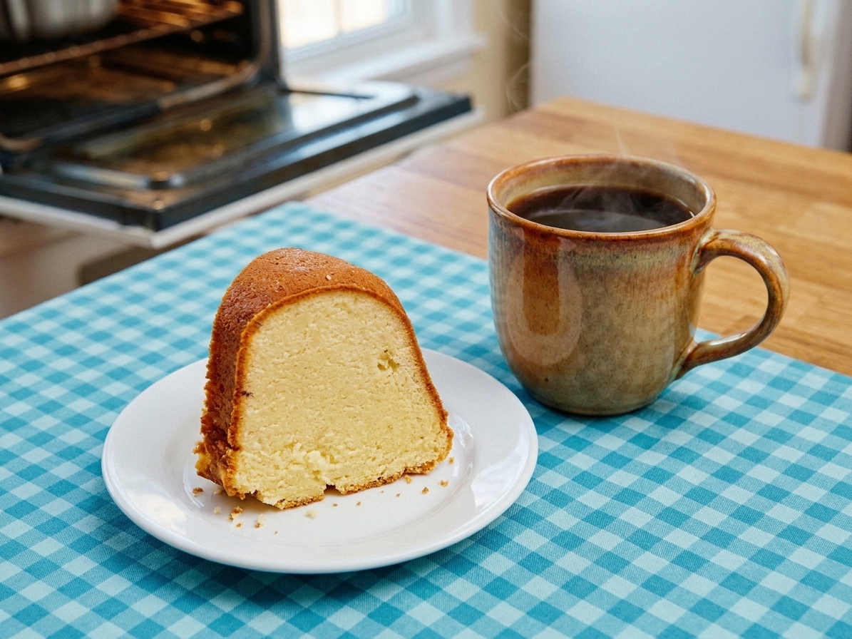 A closeup of a thick slice of cream cheese pound cake on a small plate next to a mug of coffee on a cozy kitchen table
