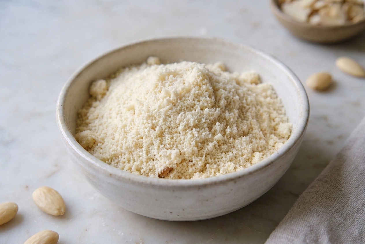 A closeup of fine blanched almond flour in a ceramic bowl on a kitchen counter