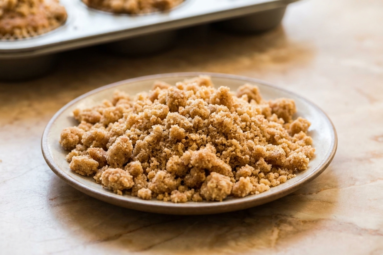 A closeup of golden brown cinnamon streusel crumbs piled on a small plate on a warm kitchen counter, with a baking dish blurred in the background