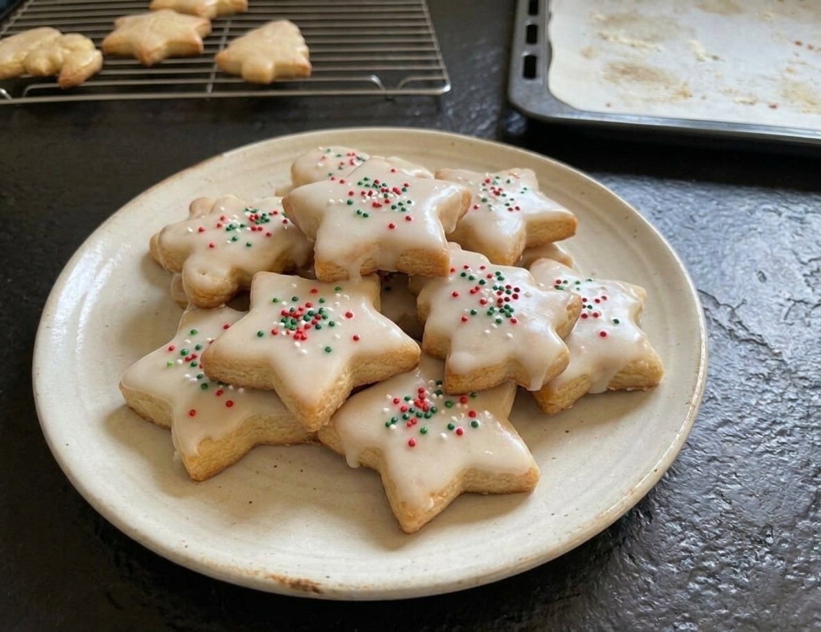 A closeup of iced Christmas biscuits with glossy vanilla glaze and festive sprinkles stacked on a ceramic plate