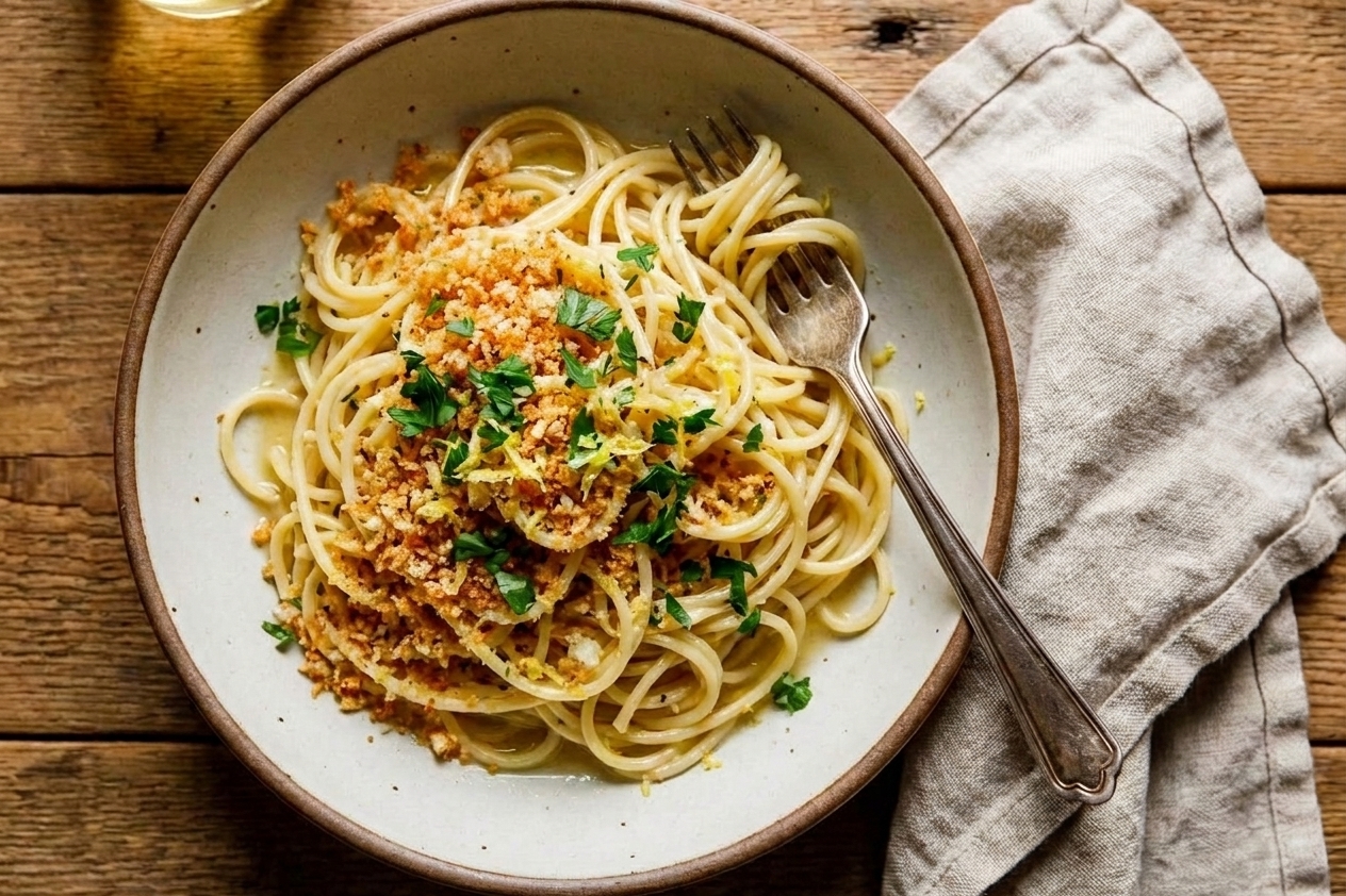 A closeup of plated lemon garlic pasta with chopped parsley and a generous layer of toasted breadcrumbs on top