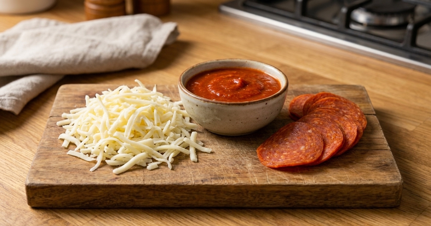 A closeup on a cutting board with shredded mozzarella, a bowl of marinara sauce, and sliced pepperoni ready for assembling pizza dip