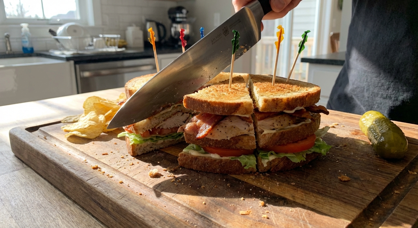 A club sandwich being cut into triangles on a cutting board with toothpicks holding the layers