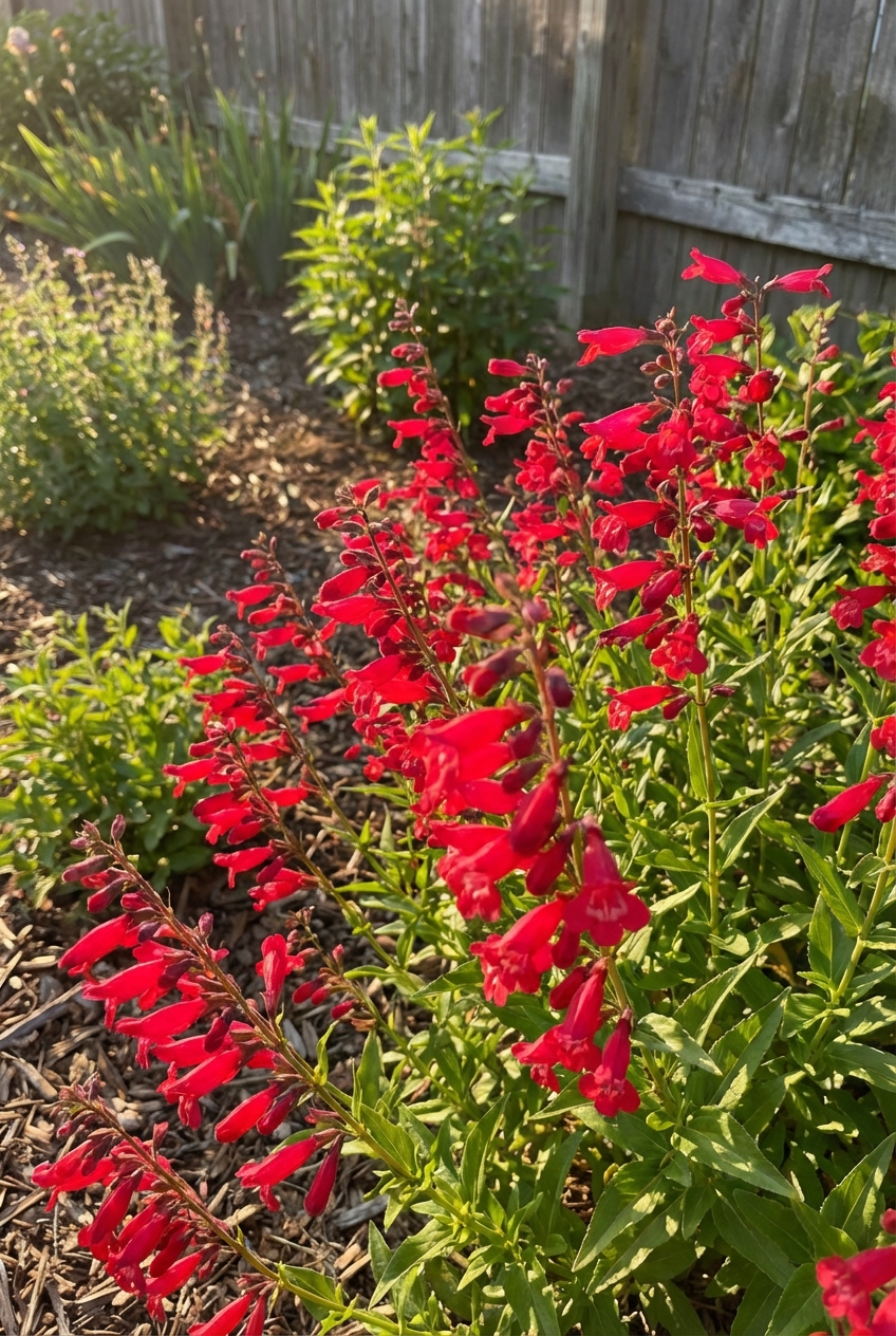 A cluster of bright red tubular flowers blooming in a sunny garden bed