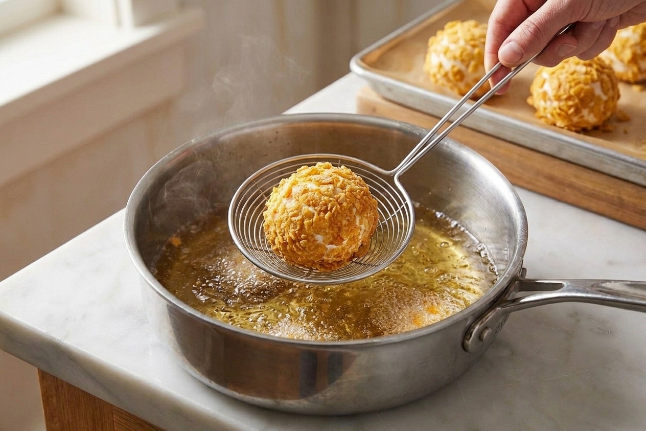 A coated ice cream ball being lowered into hot oil in a deep pot using a spider strainer