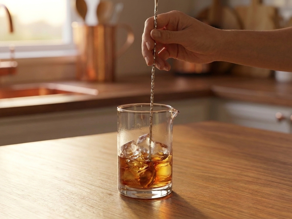 A cocktail being stirred in a clear mixing glass full of ice with a bar spoon, on a warm kitchen counter under soft lighting