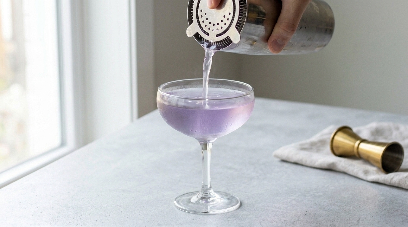 A cocktail being strained through a Hawthorne strainer into a chilled coupe glass, pale lavender liquid mid-pour