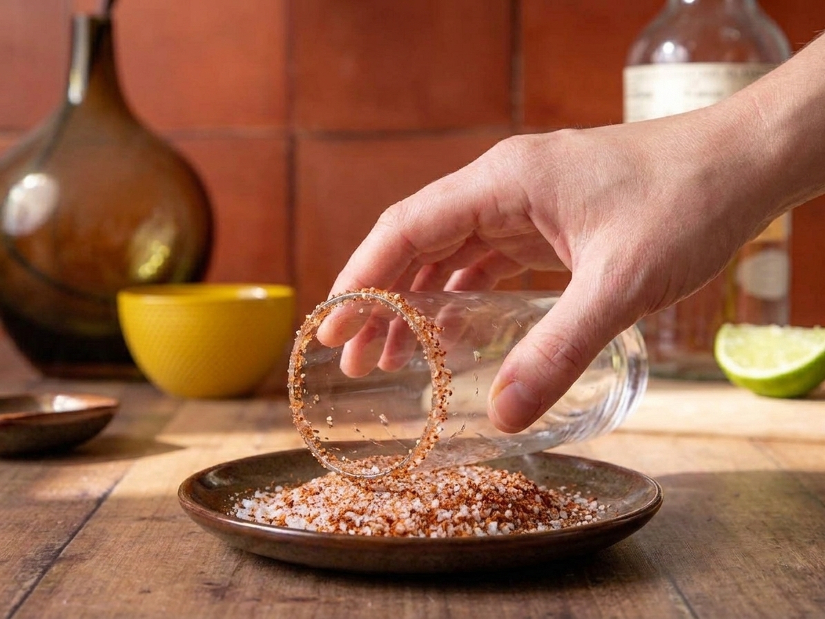 A cocktail glass being rolled along the outer edge of a plate of chili salt on a clean kitchen counter
