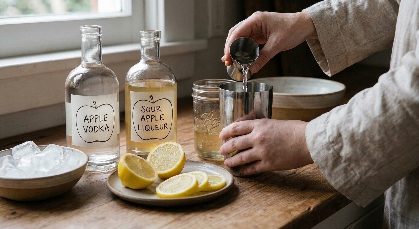 A cocktail shaker being filled with vodka, apple liqueur, and lemon juice on a home kitchen counter