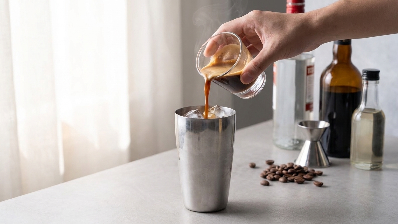 A cocktail shaker being filled with vodka, coffee liqueur, espresso, simple syrup, and ice on a home kitchen counter