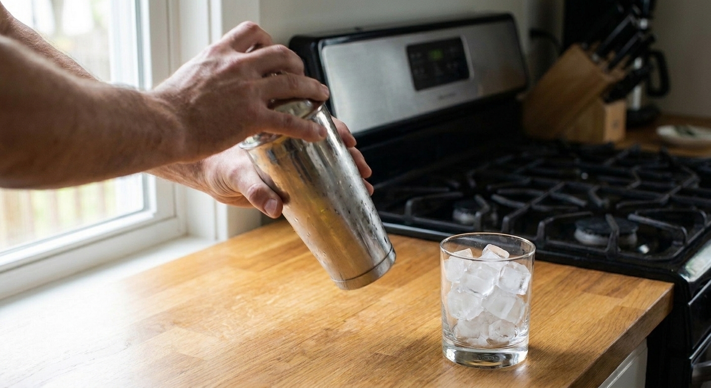 A cocktail shaker being shaken over a kitchen counter with a rocks glass filled with ice waiting nearby