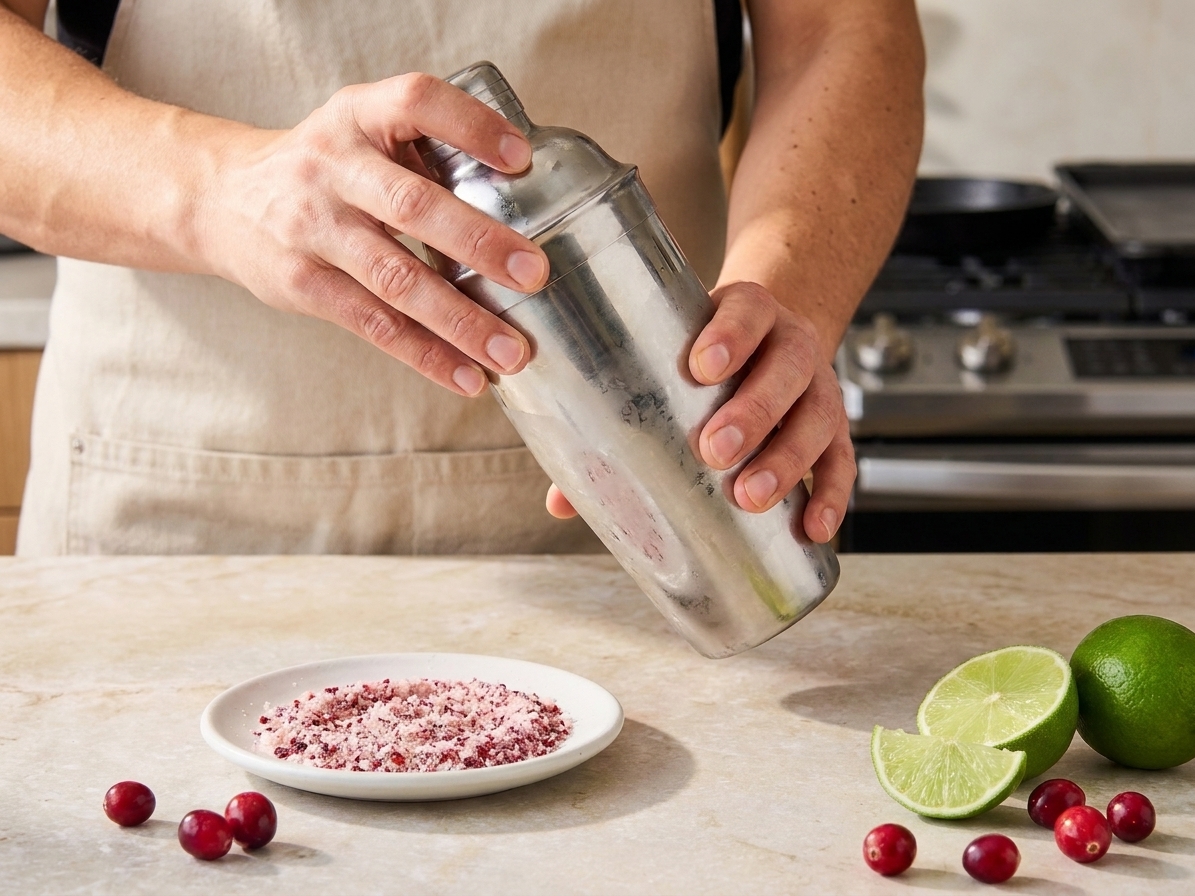 A cocktail shaker being shaken over a kitchen counter with limes and cranberries nearby