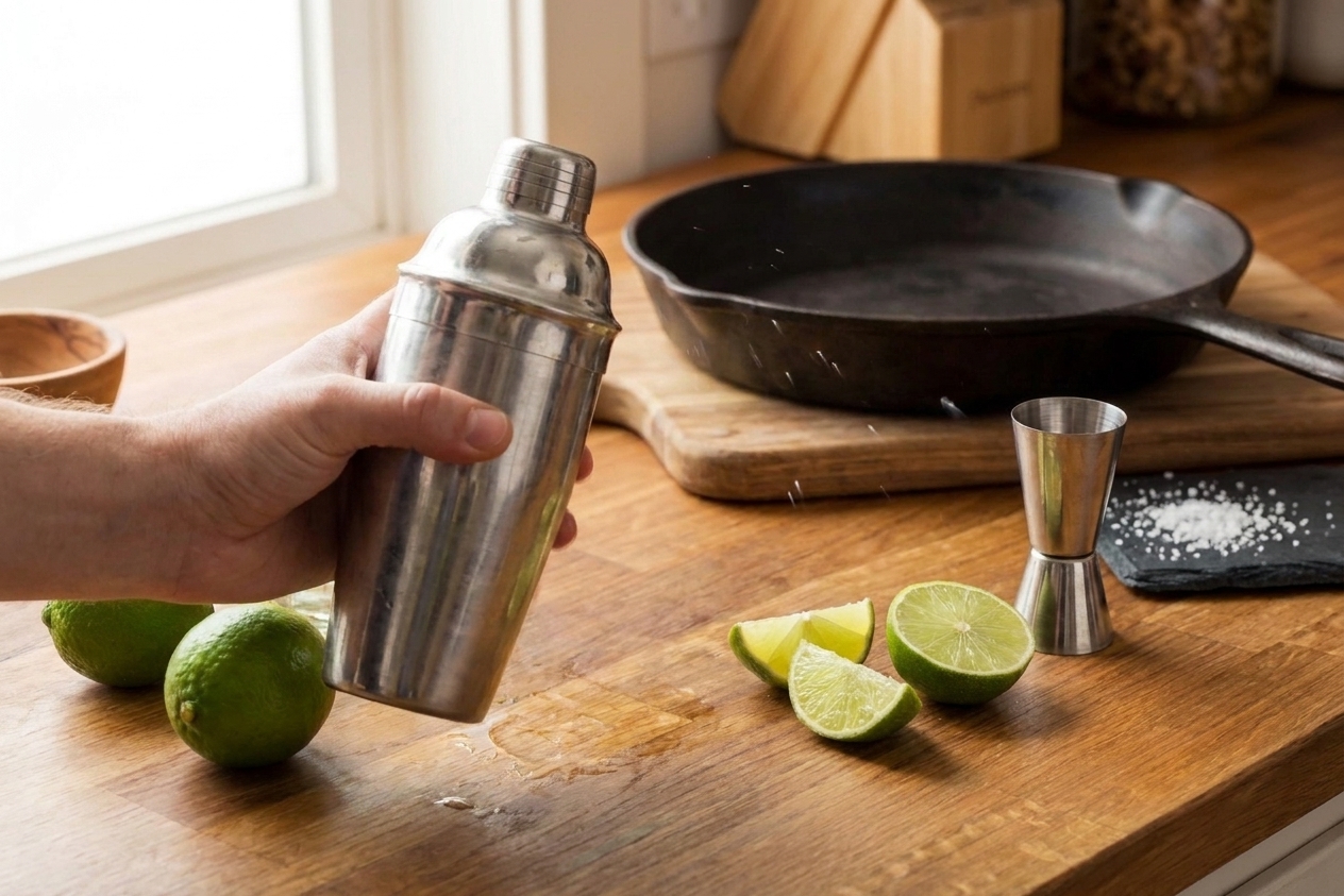 A cocktail shaker being shaken over a kitchen counter with limes and a jigger nearby