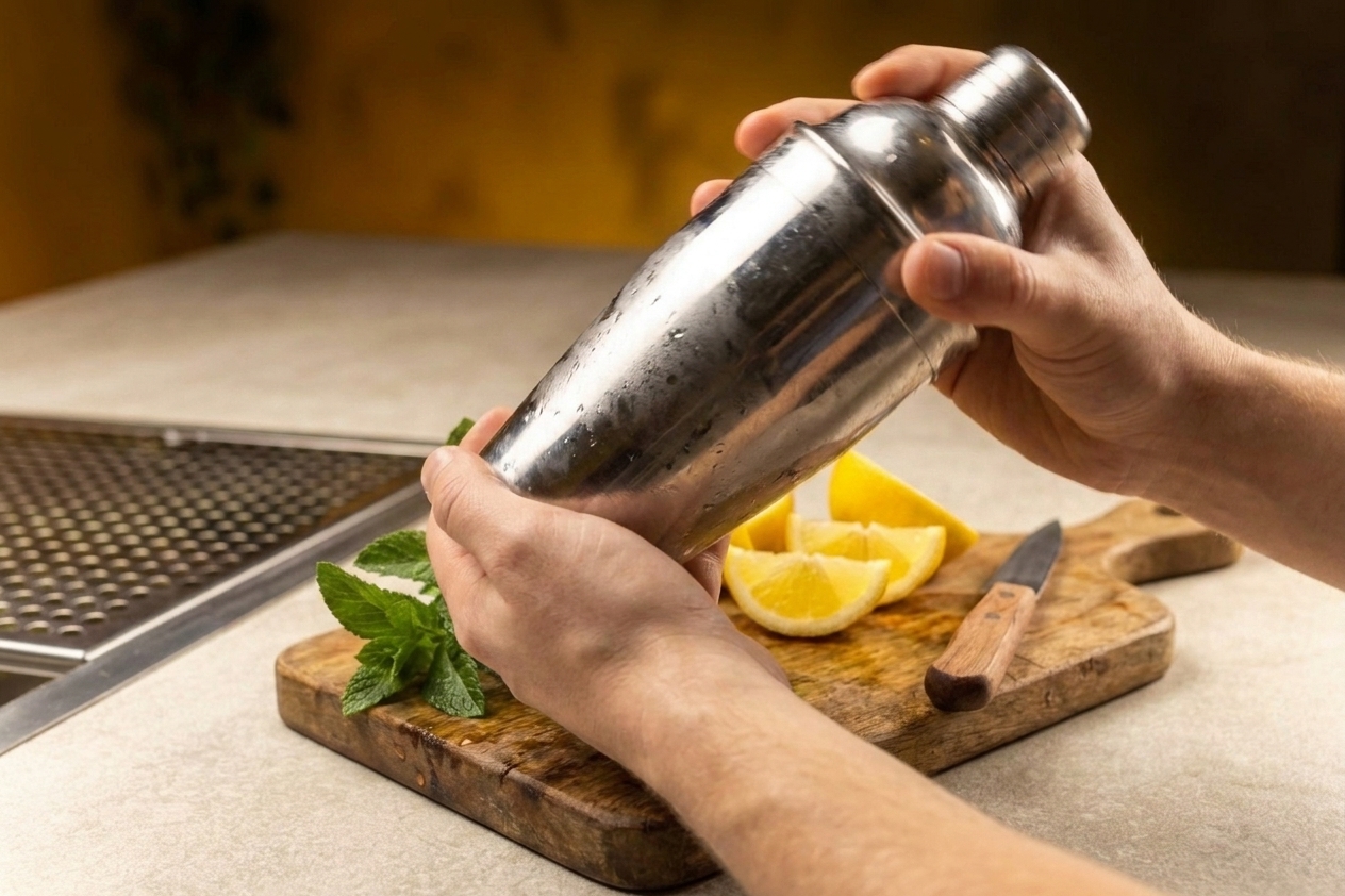 A cocktail shaker being shaken vigorously over a kitchen counter