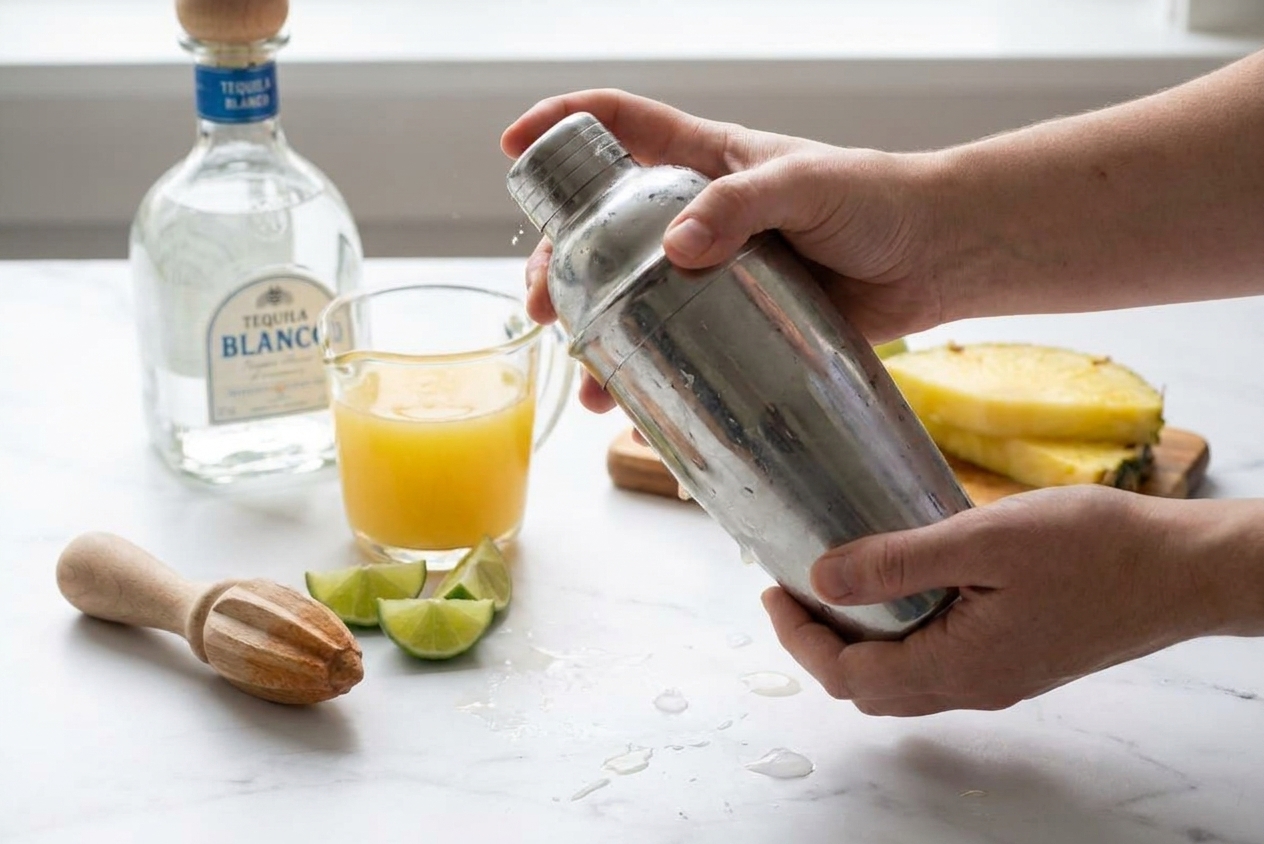 A cocktail shaker being shaken with ice, tequila, pineapple juice, and lime juice over a kitchen counter