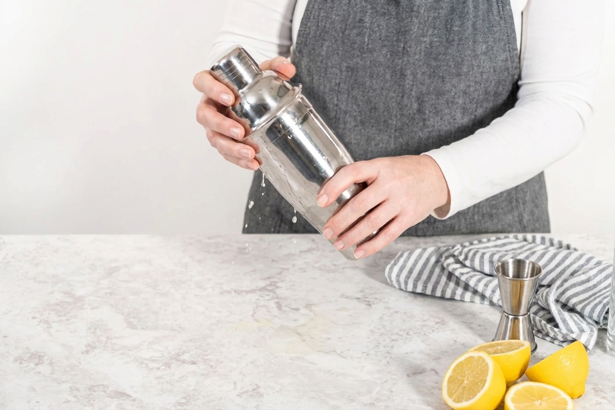 A cocktail shaker being vigorously shaken over a kitchen counter with lemons and a jigger nearby