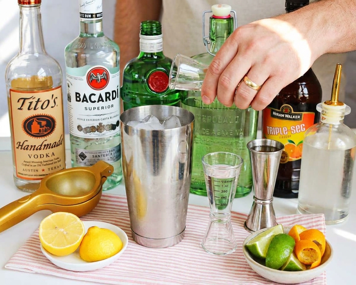A cocktail shaker beside measured spirits and citrus on a kitchen counter