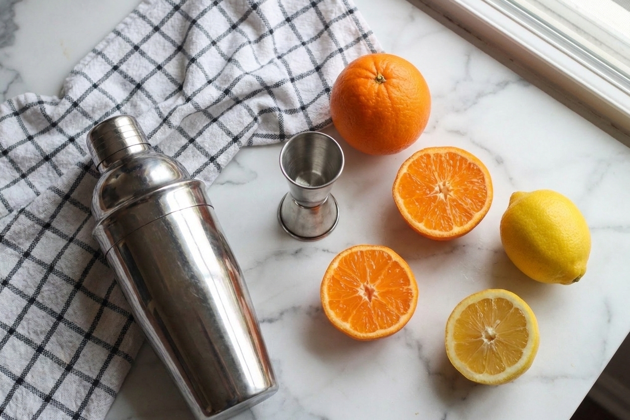 A cocktail shaker, jigger, and citrus on a kitchen counter ready for a whiskey sour