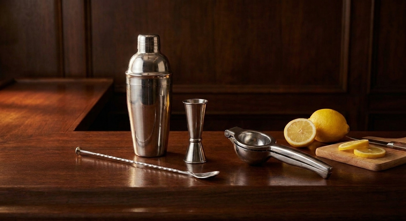 A cocktail shaker, jigger, bar spoon, and a handheld lemon juicer laid out on a tidy kitchen counter